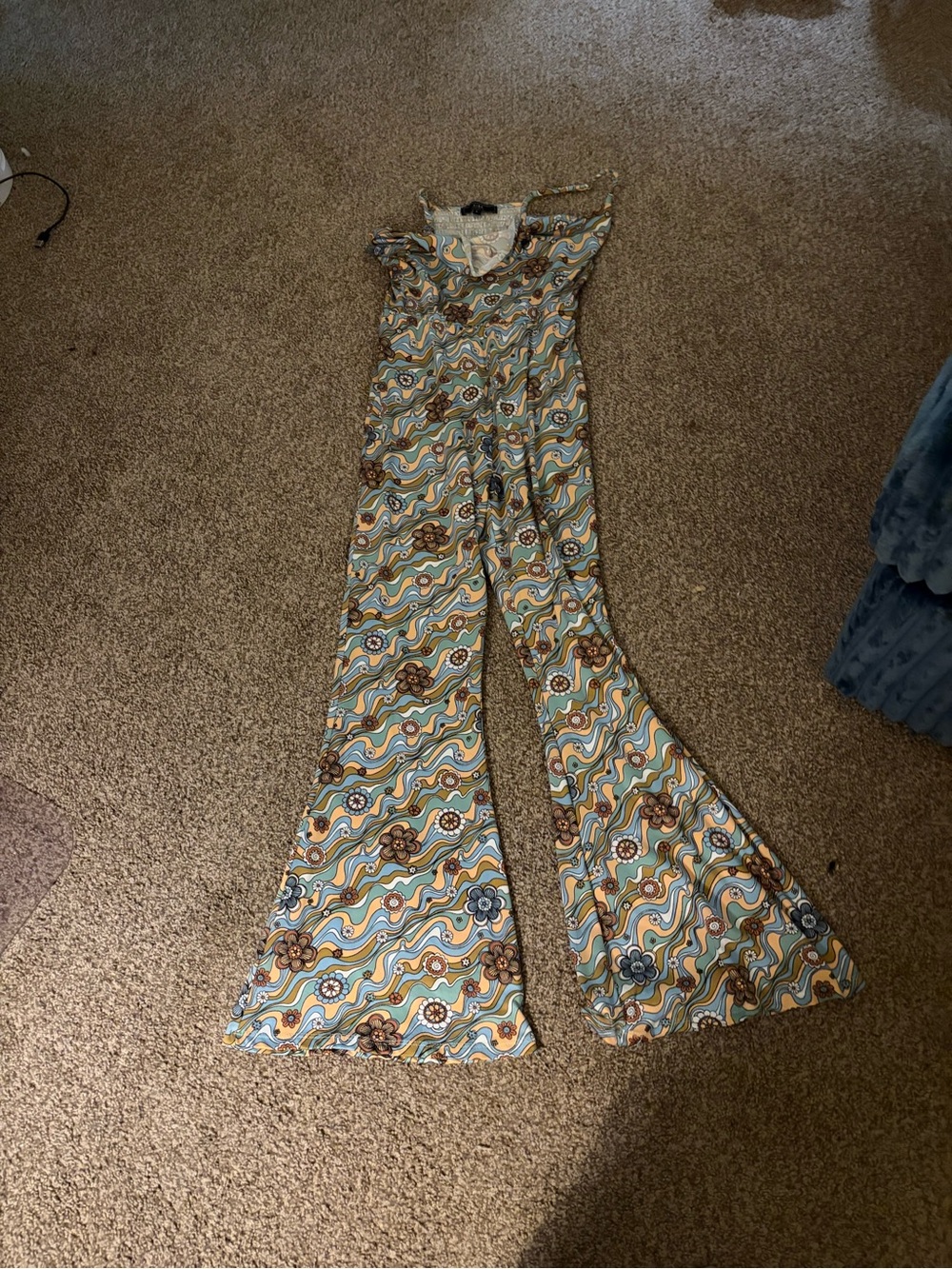 Vibe Floral Wave Print Flared Jumpsuit - Blue, Brown, Cream